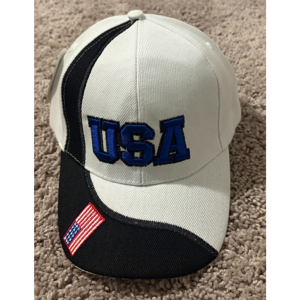 USA Hat Men's White Black Embroidered Flag Sports Baseball Cap One Size NWT